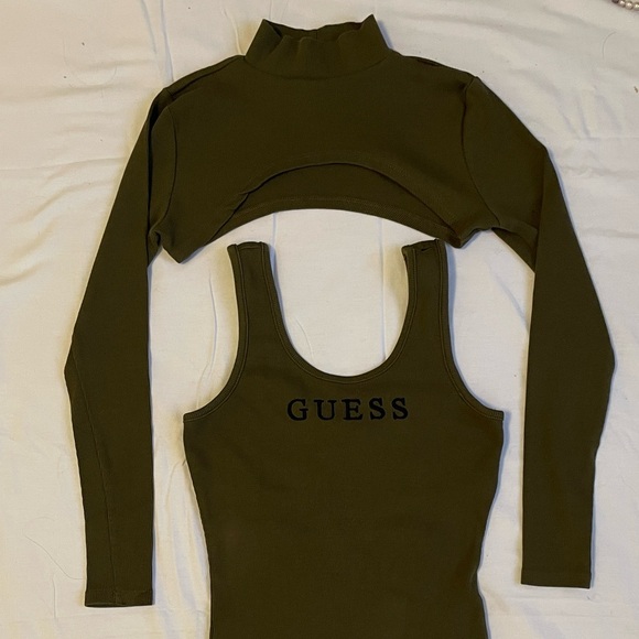 Guess Olive Green Ribbed Bodysuit and Crop Top Set - Picture 7 of 14